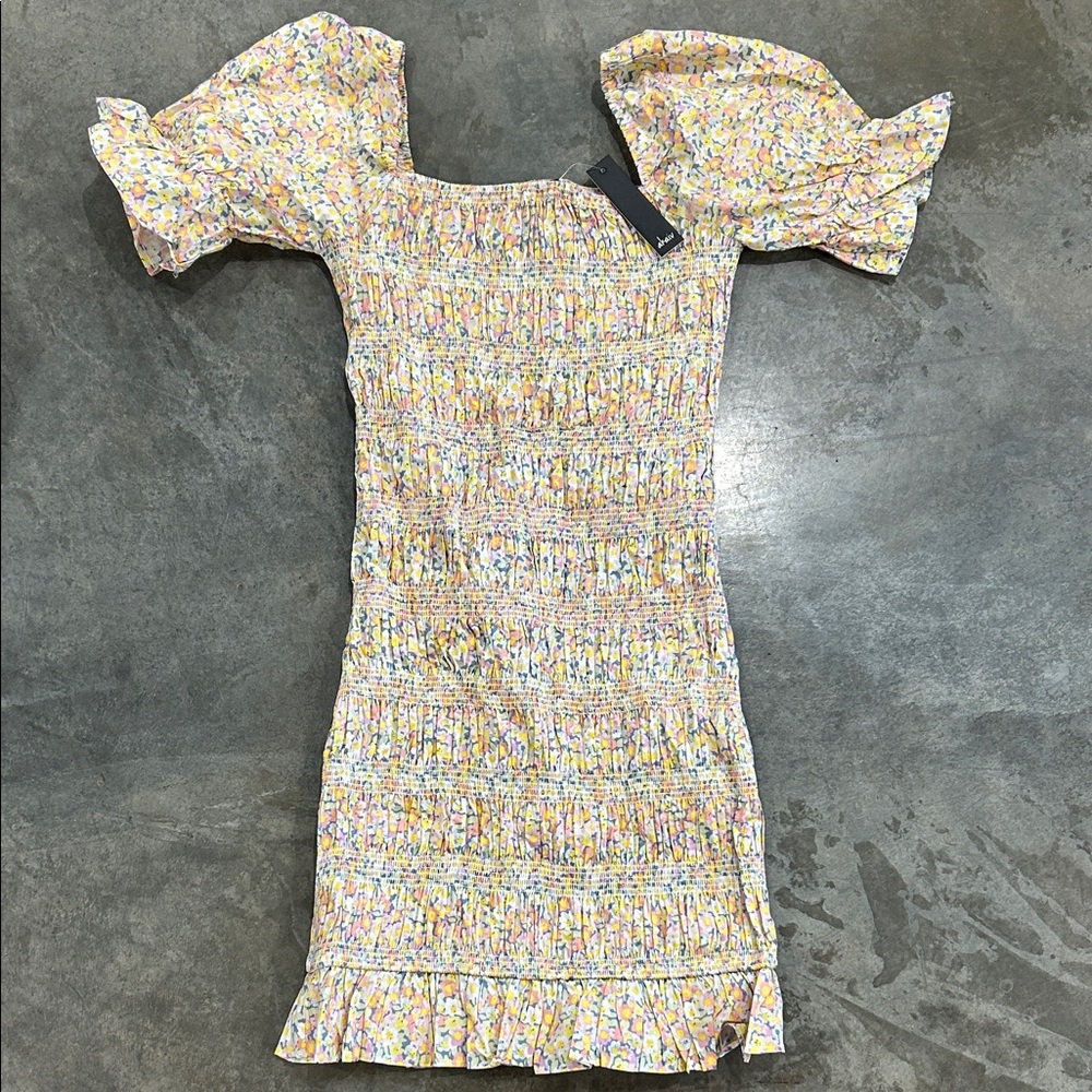 Smocked Puff-Sleeve Mini Dress in Pastel Floral